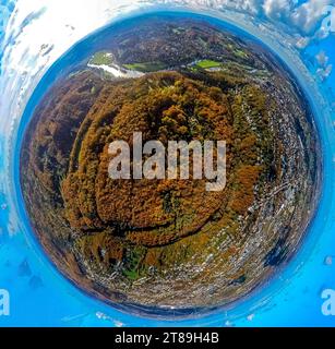 Vista aerea, area ricreativa locale area forestale di Hohenstein Ardeygebirge con alberi decidui autunnali, fiume Ruhr e vista sulla valle della Ruhr, vista panoramica Foto Stock