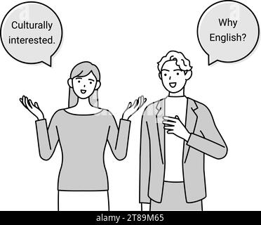 Conversazione inglese, donna giapponese che parla inglese con un uomo bianco, con palloncino, illustrazione vettoriale Illustrazione Vettoriale