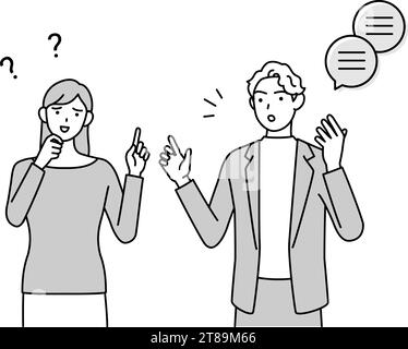 Conversazione inglese, donna giapponese che non riesce a capire la pronuncia inglese dell'uomo bianco, illustrazione vettoriale Illustrazione Vettoriale