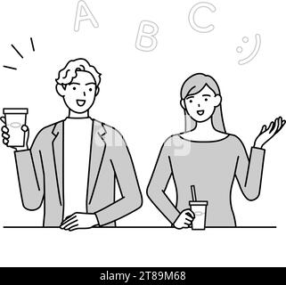 Conversazione in inglese, donna giapponese che parla inglese con un uomo bianco in un bar, Vector Illustration Illustrazione Vettoriale