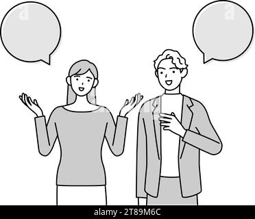 Conversazione inglese, donna giapponese che parla inglese con un uomo bianco, con palloncino, illustrazione vettoriale Illustrazione Vettoriale