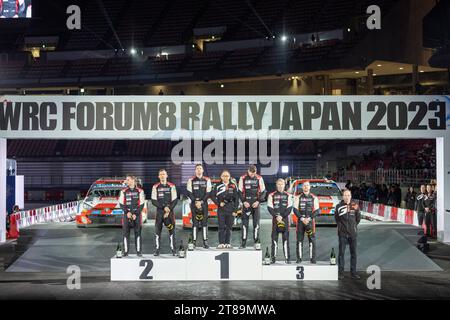 EVANS Elfyn (GBR), TOYOTA GR Yaris Rally1 Hybrid, ritratto, OGIER Sébastien (fra), TOYOTA GR Yaris Rally1 Hybrid, ritratto, ROVANPERA Kalle (fin), TOYOTA Yaris Rally1 Hybrid, ritratto, podio, ritratto durante il Rally Japan 2023, 13° round del WRC World Rally Car Championship 2023, dal 16 al 19 novembre, 2023 a Toyota, Prefettura di Aichi, regione di Chubu, Giappone - foto Nikos Katikis/DPPI Credit: DPPI Media/Alamy Live News Foto Stock