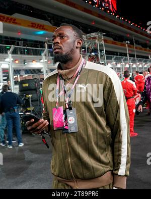 Las Vegas, Vereinigte Staaten. 18 novembre 2023. 18 novembre 2023, Las Vegas Street Circuit, Las Vegas, FORMULA 1 HEINEKEN SILVER LAS VEGAS GRAND PRIX 2023, nella foto Sprinter Usain Bolt credito: dpa/Alamy Live News Foto Stock