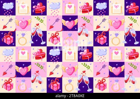 San Valentino. Motivo geometrico romantico senza cuciture con cuore, vetro, busta, freccia, nuvola, cuore con ali, anelli e quadrati in stile cartoni animati Illustrazione Vettoriale