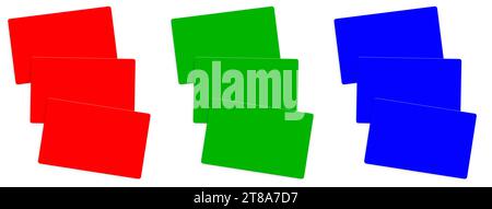 Tre modelli di carta di credito vuoti rosso, verde e blu (RGB) per layout e design di presentazione. Rendering 3D. Immagine generata digitalmente. Isolato su W Foto Stock