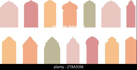 Profili vettoriali islamici archi per porte e finestre. Set cornici arabe con icone silhouette Ramadan Kareem. Eleganti illustrazioni della porta della Moschea. Illustrazione Vettoriale