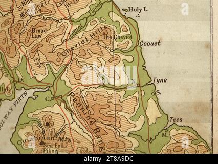 Un'antica mappa geografica color seppia della Scozia che mostra il sud della Scozia e il nord dell'Inghilterra. Foto Stock