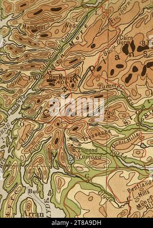 Un'antica mappa geografica color seppia della Scozia che mostra gli altopiani. Foto Stock