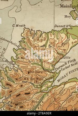 Un'antica mappa geografica color seppia della Scozia che mostra la costa settentrionale. Foto Stock