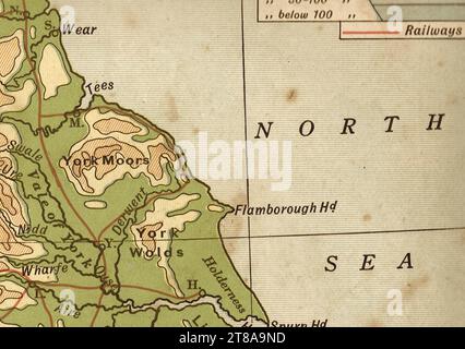 Un'antica mappa geografica color seppia dell'Inghilterra che mostra il Wash e il fiume Humber. Foto Stock