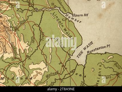 Un'antica mappa geografica color seppia dell'Inghilterra che mostra l'Anglia orientale. Foto Stock