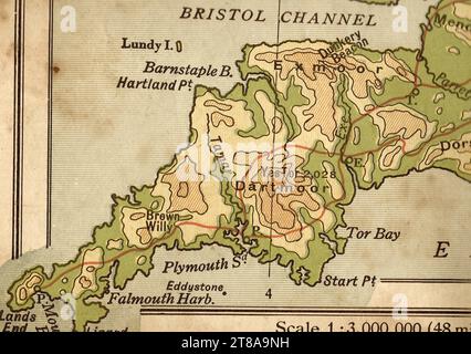 Un'antica mappa geografica color seppia dell'Inghilterra e del Galles che mostra la Cornovaglia, il Devon e il Canale di Bristol. Foto Stock