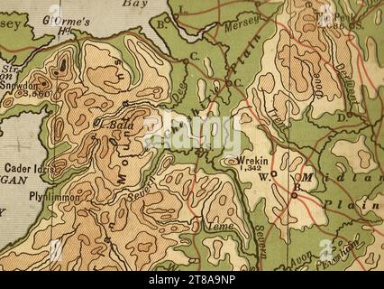 Un'antica mappa geografica color seppia dell'Inghilterra e del Galles che mostra la pianura di Midland e il Galles del Nord. Foto Stock