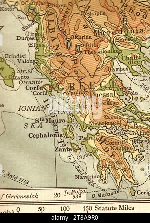 Antica carta geografica in Seppia di Grecia e Albania. Foto Stock