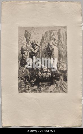 Francois-Nicolas Chifflart fu un membro importante della rinascita dell'incisione nella Francia del XIX secolo. Questa stampa, dalla sua serie del 1865 Improvisations on Copper, rivela la libertà e la sperimentazione che Chifflart ha trovato in questo mezzo. Disegnò direttamente su lastre di rame preparate, disegnando come avrebbe fatto su un foglio di carta, per creare sia studi aneddotici che composizioni finite fantasiose. Eseguite su scala intima, le stampe incoraggiavano un aspetto attento e una contemplazione privata. Improvisations sur cuivre: Perseo e Andromeda, 1865. Nicolas-Francois Chifflart (francese, 1825–1901), stampato b Foto Stock