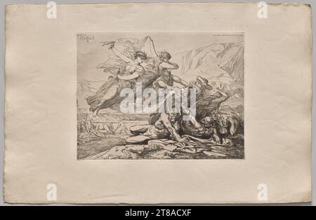 Francois-Nicolas Chifflart fu un membro importante della rinascita dell'incisione nella Francia del XIX secolo. Questa stampa, dalla sua serie del 1865 Improvisations on Copper, rivela la libertà e la sperimentazione che Chifflart ha trovato in questo mezzo. Disegnò direttamente su lastre di rame preparate, disegnando come avrebbe fatto su un foglio di carta, per creare sia studi aneddotici che composizioni finite fantasiose. Eseguite su scala intima, le stampe incoraggiavano un aspetto attento e una contemplazione privata. Improvisations sur cuivre: Justice, Vengence, and Truth, 1865. Nicolas-Francois Chifflart (francese, 1825–1901), pr Foto Stock