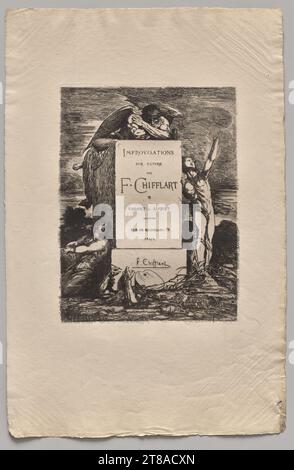 Francois-Nicolas Chifflart fu un membro importante della rinascita dell'incisione nella Francia del XIX secolo. Questa stampa, dalla sua serie del 1865 Improvisations on Copper, rivela la libertà e la sperimentazione che Chifflart ha trovato in questo mezzo. Disegnò direttamente su lastre di rame preparate, disegnando come avrebbe fatto su un foglio di carta, per creare sia studi aneddotici che composizioni finite fantasiose. Eseguite su scala intima, le stampe incoraggiavano un aspetto attento e una contemplazione privata. Improvisations sur cuivre: Frontespiece, 1865. Nicolas-Francois Chifflart (francese, 1825–1901), stampato da Auguste Foto Stock