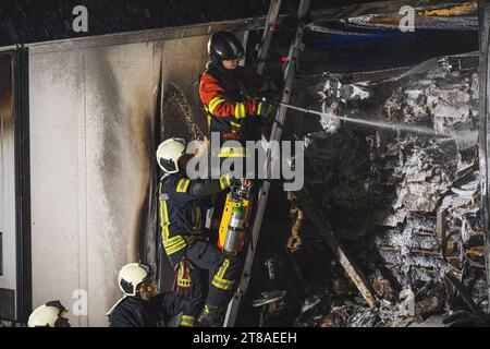 Gurkenlaster brennt auf A9 Zwischen den Anschlussstellen Dittersdorf und Triptis auf der A9 brennt ein LKW. DAS Feuer brach im Bereich der Hinterachse aus und breitete sich schnell auf die Ladung Gurken aus. 19.11.2023 Deutschland *** camion cetriolo in fiamme sulla A9 tra gli incroci Dittersdorf e Triptis sulla A9, un camion è in fiamme l'incendio scoppiò nell'area dell'assale posteriore e si diffuse rapidamente al carico dei cetrioli 19 11 2023 Germania credito: Imago/Alamy Live News Foto Stock