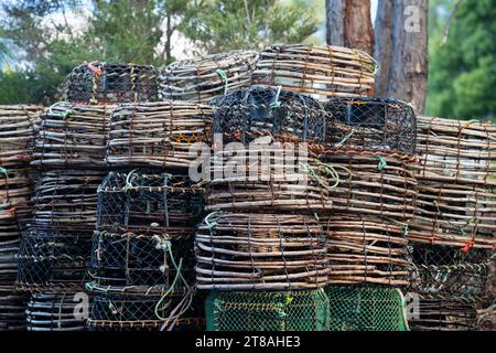 vasi cray di gamberi impilati in tasmania australia Foto Stock