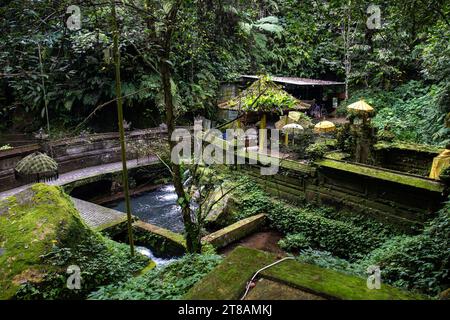 Un piccolo tempio usato per le sacre abluzioni. Infestati e ricoperti di muschio, con offerte, bellissime statue e perché. Sorgenti sacre e acqua Santa Bali Foto Stock