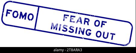 FOMO blu grunge teme di perdere il timbro in gomma quadrato su sfondo bianco Illustrazione Vettoriale