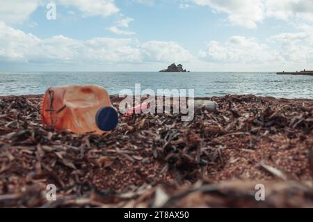 spazzatura in riva al mare, bottiglie di plastica e molte alghe sulla sabbia. Inquinamento dell'ambiente e dei corpi idrici. primo piano. Il concetto di savin Foto Stock