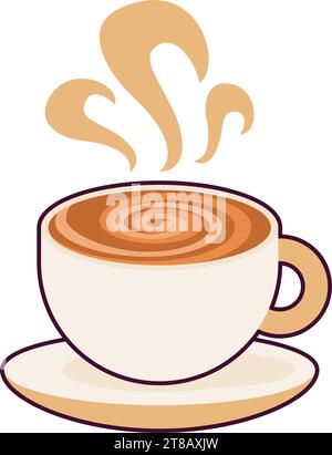 Tazza in ceramica con cappuccino dolce caldo a vapore vorticoso e motivo di schiuma sulla superficie a spirale. Bevande a base di caffè rinvigorenti. Colore semplice Illustrazione Vettoriale