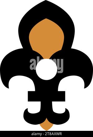 Lussuoso stemma familiare in stile boho, simbolo del giglio nei colori nero e oro. Pittogramma mistico religioso. Segno vettoriale sacro segreto isolato su bianco Illustrazione Vettoriale