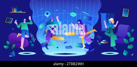 Le persone che indossano occhiali per realtà virtuale comunicano in metaversi. Personaggi che fluttuano in uno spazio futuristico con luce al neon. Innovazioni future, comunicazione con realtà aumentata e virtuale illustrazione vettoriale piatta. Illustrazione Vettoriale