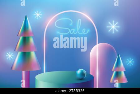 Piedistallo a podio rotondo 3D realistico con arco luminoso, albero di natale a gradiente olografico e fiocco di neve. Vetrina con decorazioni lucide e iridescenti. Piattaforma per sconti invernali, offerta. Poster pubblicitario Illustrazione Vettoriale