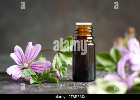 Olio essenziale Mallow in una bottiglia di vetro marrone Foto Stock