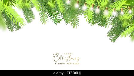 Natale, sfondo anno nuovo 2024 testo oro buon Natale e felice anno nuovo. Rami dell'albero di Natale su sfondo bianco. Modello di invito orizzontale per il confine festivo della carta. Illustrazione 3D. Foto Stock