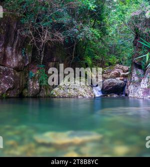 Una piccola cascata Silky in una fitta foresta tropicale verde Foto Stock