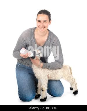 Agnello Vallese Blacknose e donna contadina di fronte a sfondo bianco Foto Stock