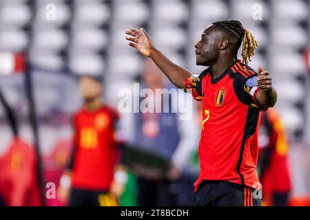 Bruxelles, Belgio. 19 novembre 2023. BRUXELLES, BELGIO - 19 NOVEMBRE: Jeremy Doku del Belgio si presenta durante la partita di qualificazione europea del gruppo F - UEFA EURO 2024 tra Belgio e Azerbaigian allo stadio King Baudouin il 19 novembre 2023 a Bruxelles, in Belgio. (Foto di Joris Verwijst/BSR Agency) credito: Orange Pics BV/Alamy Live News Foto Stock