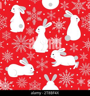Modello vettoriale con coniglietti e fiocchi di neve carini Illustrazione Vettoriale