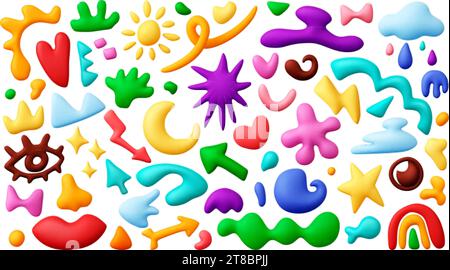 Kid 3d Forms. Elementi astratti in plasticina, laboratorio di asilo realistico isolato. Rendering realistico della collezione vettoriale contemporanea Illustrazione Vettoriale