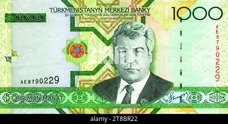Presidente Saparmurat Niazov (1940 - 2006) ritratto dal Turkmenistan 10 000 Manat 2005 banconote Foto Stock