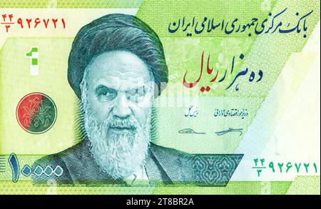 Banconota iraniana con ritratto dell'Ayatollah Ruhollah Khomeini, primo piano Foto Stock