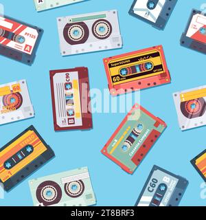 Modello cassetta. nastro audio cartone animato vettoriale retro sfondo senza cuciture Illustrazione Vettoriale