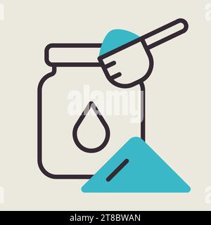 Latte in polvere in scatola e icona vettoriale a cucchiaio. Cartello prodotto lattiero-caseario. Simbolo grafico per la progettazione di siti Web e app per cucinare, logo, app, interfaccia utente Illustrazione Vettoriale