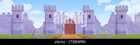 Castello rotto. Fortezza abbandonata dopo la guerra campo di battaglia, cittadella cavaliere, antico palazzo, rovine di mura in pietra, cartoni animati torre medievale, vecchio mattone di roccia, illustrazione vettoriale di castello medievale abbandonato Illustrazione Vettoriale