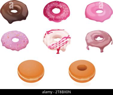 Costruttore di ciambelle. Kit realistico per la creazione di ciambelle diverse, pasticceria di ciambelle, mix di condimenti di caramelle a velo, biscotti di tipo ciambelle 3d, illustrazione vettoriale esatta del dessert al cioccolato Illustrazione Vettoriale