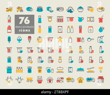 Set di icone relative al latte e ai prodotti lattiero-caseari. Simbolo grafico per la progettazione di siti Web e app per cucinare, logo, app, interfaccia utente Illustrazione Vettoriale