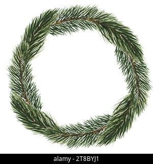 corona di rami di abete. Illustrazione ad acquerello disegnata a mano. Clipart isolati con spazio per il testo per il design natalizio e le composizioni di Capodanno Foto Stock
