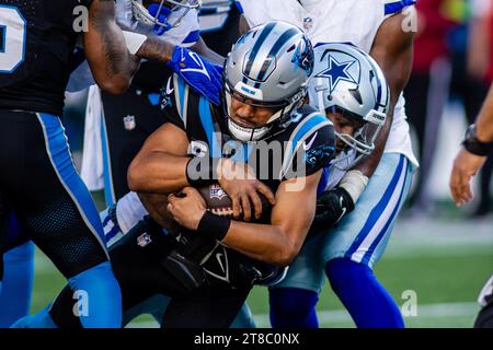 Charlotte, NC, USA. 19 novembre 2023. Il linebacker dei Dallas Cowboys Micah Parsons (11) sack il quarterback dei Carolina Panthers Bryce Young (9) durante il quarto periodo della partita NFL a Charlotte, NC. (Scott Kinser/Cal Sport Media). Credito: csm/Alamy Live News Foto Stock