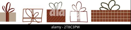 Confezioni regalo, collezione di doodle disegnate a mano. presenta il set di vettori. Avvolto colorato. Concetto di vendita per lo shopping. Festa di compleanno Natale. Elementi dei cartoni animati Illustrazione Vettoriale