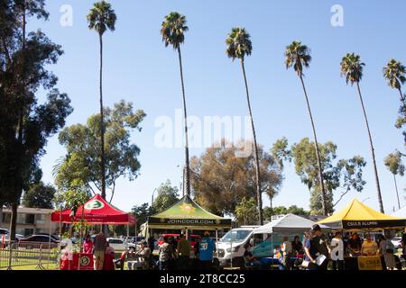 Stand di risorse con palme alla Long Beach Veterans Day Celebration presso Houghton Park a Long Beach, CALIFORNIA, USA Foto Stock