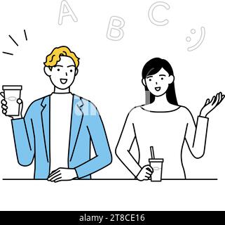 Conversazione in inglese, donna giapponese che parla inglese con un uomo bianco in un bar, Vector Illustration Illustrazione Vettoriale