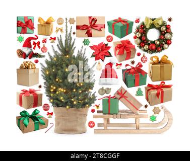 Materiale per festeggiare il Natale isolato su bianco, collezione Foto Stock
